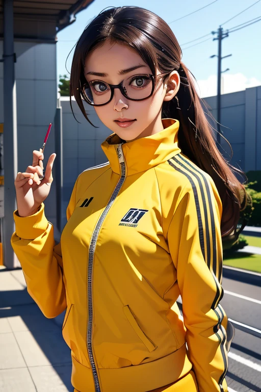 (masterpiece, highest quality), One Girl,  Satou, Satou, Glasses, 赤いフレームのGlasses, Under-rim eyewear, Satou, Glasses, 赤いフレームのGlasses, Under-rim eyewear, Track jacket, Track pants