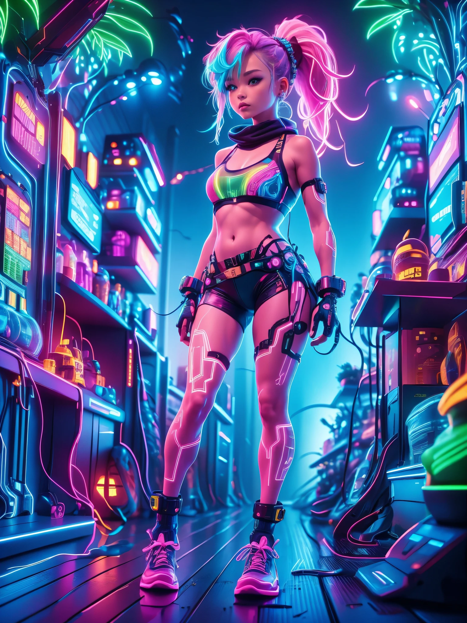 (Neon)，Circuit Board，Detailed drawing of an alien girl dressed as a space ranger, Alien Landscape, Decorated with vibrant, Otherworldly flowers, Spacecraft crash, Sci-fi wonderland, full of imagination, Space exploration, More details, Yoko Tono, Ponytail, scarf, (Bikini Top:1.5), (shorts), diaphragm, belt, Fingerless gloves, skull hair ornament, Elbow gloves, pink thighs，(Ultra HD, masterpiece, precise, Anatomically correct, textured skin, High Detail, high quality, The award-winning, 8k)