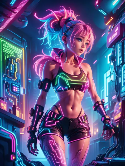 (Neon)，Circuit Board，Detailed drawing of an alien girl dressed as a space ranger, Alien Landscape, Decorated with vibrant, Otherworldly flowers, Spacecraft crash, Sci-fi wonderland, full of imagination, Space exploration, More details, Yoko Tono, Ponytail,...