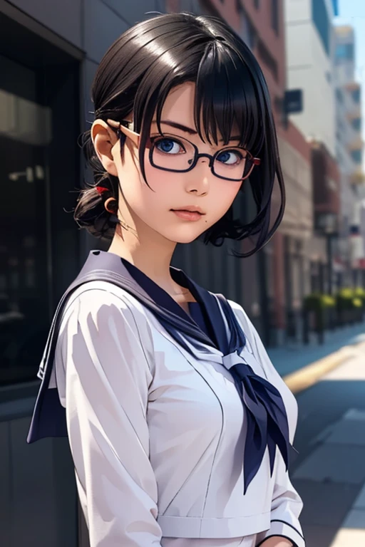 (masterpiece, highest quality), One Girl,  Satou, Satou, Glasses, 赤いフレームのGlasses, Sailor suit, Satou, Glasses, 赤いフレームのGlasses, Head to Chest,