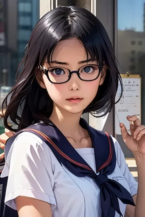 (masterpiece, highest quality), One Girl,  Satou, Satou, Glasses, 赤いフレームのGlasses, Sailor suit, Satou, Glasses, 赤いフレームのGlasses, H...