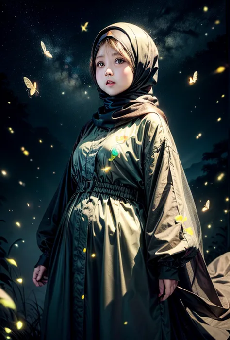 Obese hijab girl surrounded by glowing butterflies and fireflies, realistic image, real skin texture, high res, masterpiece, det...