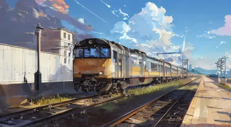 picture of a train on rails against the sky, Zou Zhe, high quality digital painting, beautiful digital painting, gorgeous digita...