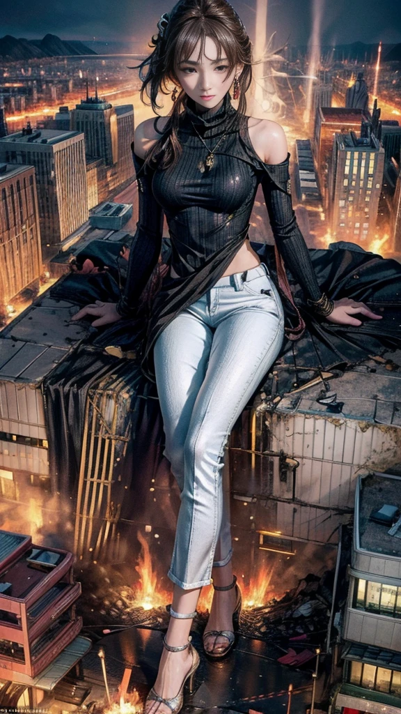 (32k, High resolution, highest quality, masterpiece, 超High resolution), (((Giantess Elements, Typhoon heavy rain))), From above, Perfect dynamic composition:1.2, (Modern city at night, Expressions of sadness:0.7), Highly detailed skin and facial textures:1.2, ((Towering Giant Young Woman:1.0, Higher than skyscrapers:1.0, 65,000 feet high:1.0, Incredibly slim body:1.0)), Fair skin, Sexy beauty, Very beautiful face, , Water droplets on the skin, (The rain drips down on my body:0.5, Wet body:0.5, Wet Hair:0.5), (Wet white linen pants:1.0, Wet pink turtleneck sweater:1.0), Shapely breasts, Chest gap, Big eyes that exude beautiful eroticism, Lips that exude beautiful eroticism, necklace, Earrings, bracelet, wedding ring, Shoulder bag, clock, ribbon, High heels, Full body portrait, ((Destroy a small city, Burning Small Town, rubble, Destroyed small building, Collapsed highway, Evacuated Residents)), ((Major impact, Emphasizing the majesty and power of giants, Increase the destructive element, Lower the building, Making cities smaller))