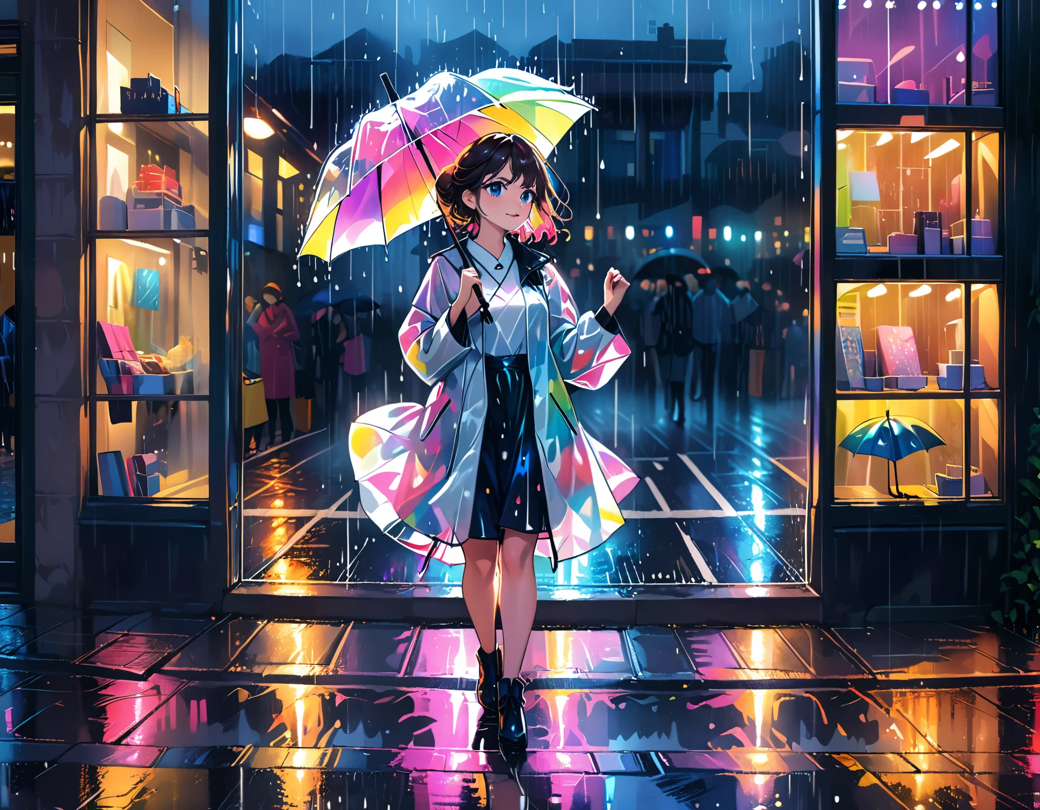 (best quality,ultra-detailed,realistic:1.37), humor,comic style,bold lines, a girl in a city at night,wearing made of transparent vinyl rainbow colored rain coat,holding an umbrella,((dancing in the rain like Singin' in the Rain:1.8)),Close to cold colors,reduce saturation,((natural color:2.8)) full-body image,medium:oil painting,detailed face,beautiful eyes and lips,dark and moody atmosphere,vibrant colors,streaks of raindrops,city lights reflecting on wet streets,glowing umbrellas in the background,shimmering rain-soaked pavement,ethereal and dreamy lightin,((lined up shop windows and narrow sidewalk background:2.0))