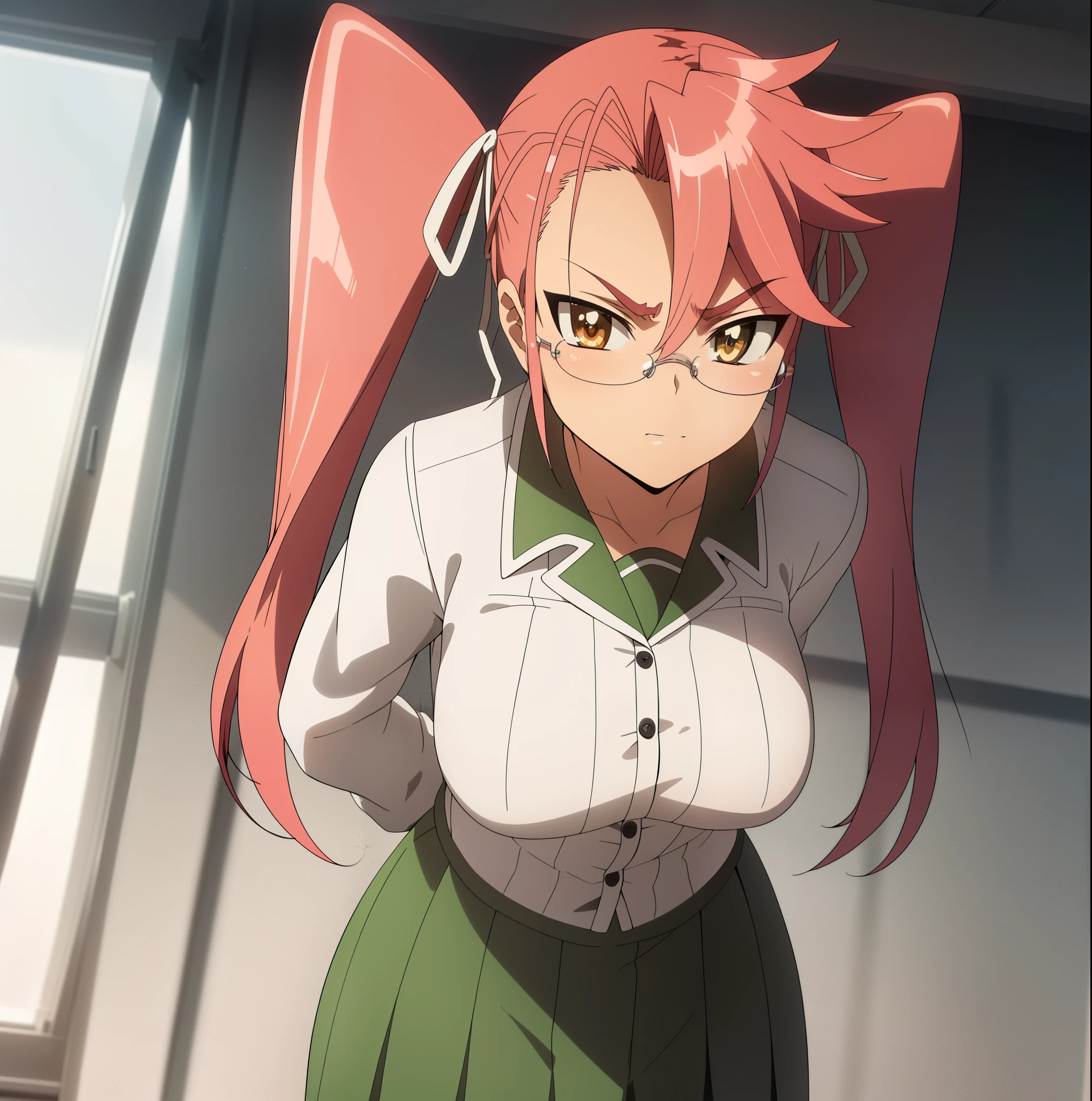 1 girl, alone, saya takagi, long hair, ribbon, two pigtails, (brown eyes: 1.5), hair ribbon, pink hair, glasses, skirt, shirt, white shirt, pleated skirt, collared shirt, neckline, sweater , gray skirt, ribbon, red ribbon, black sweater, looking at viewer, standing, leaning forward, arms behind back, angry, pov(from below), indoors, classroom, large breasts, medium waist, wide hips, medium thighs, round butt, (masterpiece: 1.2), best quality, high resolution, unity 8k wallpaper, (illustration: 0.8), ( beautiful detailed eyes: 1.6), extremely detailed face, perfect lighting, CG extremely detailed (perfect hands, perfect anatomy),