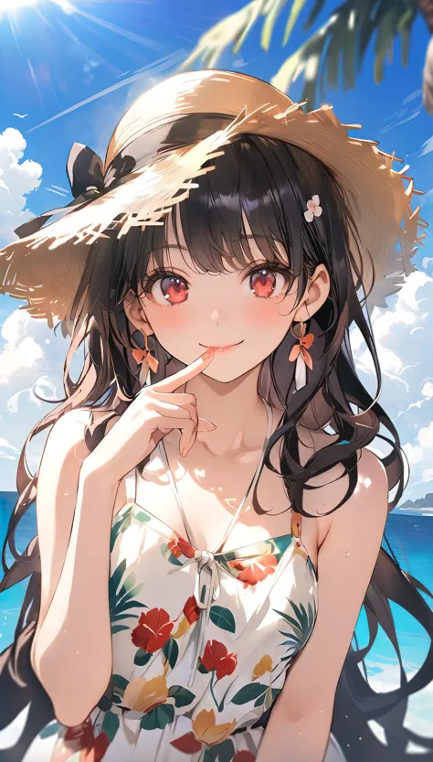 (masterpiece, highest_quality), very be familiar with cg unity 8k wallpaper, wonderful_Are you okay_figure, BREAK 1girl, long black hair wearing a straw hat, small breasts, (shy smile), red eyes, anime style 4k, beautiful anime portrait, anime moe art styl...