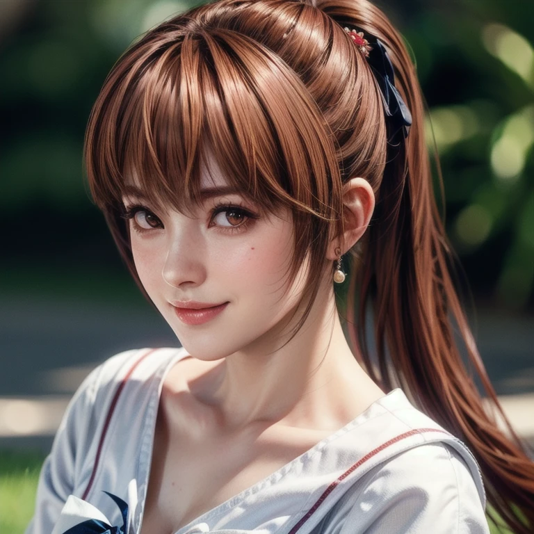 Medium shot of haze, Young face, Brown Hair, ponytail, Sailor suit, With decorative ornament, alone, Shyly lowered face, Red cheeks, Shy laugh, A pose with a slight twist of the upper body, Side lighting, Shallow and sharp depth of field,(Very detailed),Realistic, (masterpiece), (High resolution), (8k wallpaper)