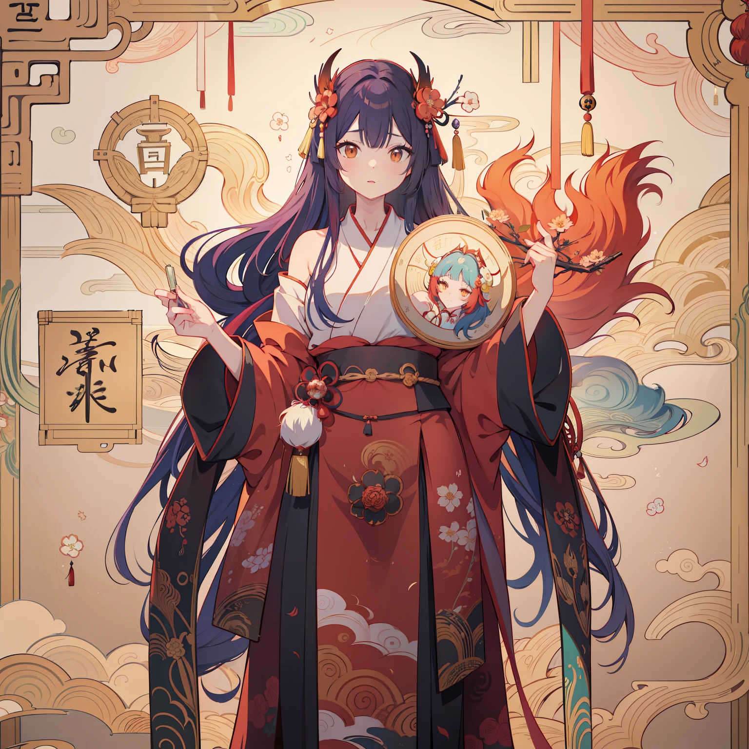 a painting of a woman with long hair and a flower in her hand, korean art nouveau anime, japanese goddess, flowing hair and long robes, anime fantasy illustration, inspired by Sōami, akira from chinese mythology, japanese art style, a beautiful kitsune woman, inspired by Nōami, inspired by Tsukioka Yoshitoshi, autumnal empress