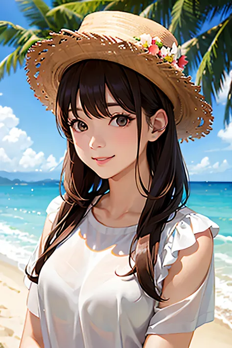 Upper body portrait、Hollow eyes、smile、Waikiki Beach、hula、Brown Hair