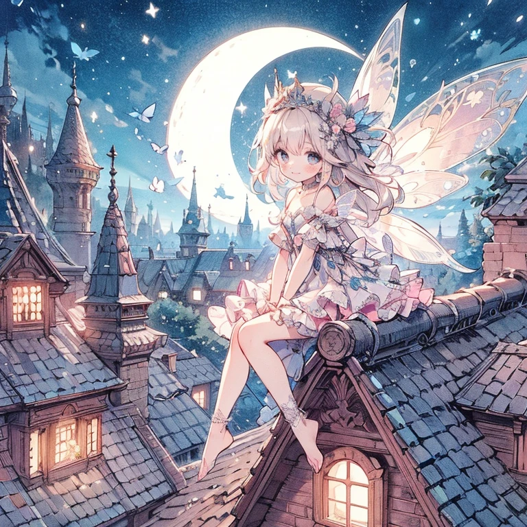 (mais alta qualidade, Muito detalhado, lindo, Exótico, 16K, Full HD), No telhado de uma casa numa antiga cidade europeia numa noite de lua crescente, a lindo, young fairy princess with butterfly-like wings is looking elegantly at the moon on a lindo dark moonlit night, Sorrindo em êxtase.,A lindo large crescent moon, estrelas, shooting estrelas and shooting estrelas,(She has lindo, asas de fada claras crescendo em suas costas e usando uma tiara, brincos e gargantilha.), She is wearing a lindo black and silver ball gown dress decorated with jewels, fitas, babados e rendas, and has lindo fairy shoes.,(Ela tem bochechas rosa pálidas, lindo silver hair, Lábios carnudos e rosados, pele clara, um grande busto, e uma bela figura.),cores vibrantes e marcantes,De um pouco de distância,Atmosfera fofa e sonhadora