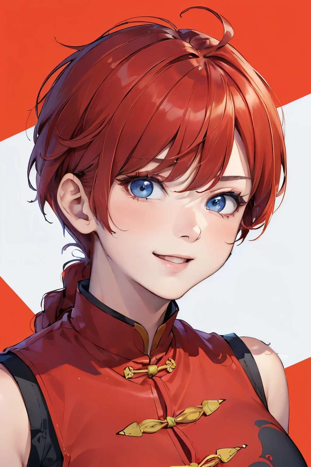 ((masterpiece:1.4)), high quality, very_high_resolution, large_filesize, full color, heavy outline, clear outline, colorful, (beautiful detailed eyes), ((beautiful face:1.0)), ((boyish face:1.4)), 1 girl, (femaleranma), (red hair), short hair, (braided ponytail), ((bangs)), bumpy bangs, blue-gray eyes, big breasts, curvy, femaleranma, braided ponytail, (red chinese clothes), sleeveless, tangzhuang, black pants, cameltoe, standing, upper body, ((from front:1.4)), ((portrait:1.8)), ((face focus:1.4)), ((happy))