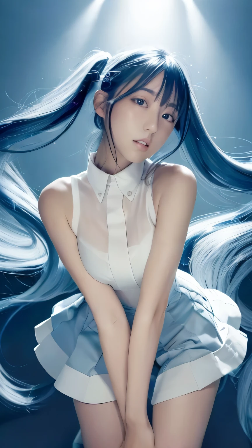 Raise one leg。澄み切ったblue sky、Connecting、On all fours、seiza、Put your hand in your crotch、miku hatsune、Official Art, masterpiece, Sharp focus, (Beautiful gorgeous and cute Korean woman:1.3), (Beautiful and cute Korean woman:1.3), Korean Beauty, Delicate and beautiful hair, eyes and face, Realistic, ultra-detailedliert, Beautiful girl, blue sky, Glowing White Particles, (Side light:1.2), Light of the sun, White cloud, Sunny clouds, Slender, One Girl, Dynamic Angle,whole body,   100 floors,Tabletop,Highest,Highest,wonderful,wonderful,detailed,stylish,figure,Action Shots, Target your audience, Put your hands in your pockets, , Blunt bangs, hairpin, shy,Ultra-thin illustration,(((Beautiful fine hair))),(((Beautiful beautiful face))),(((Beautiful background))),