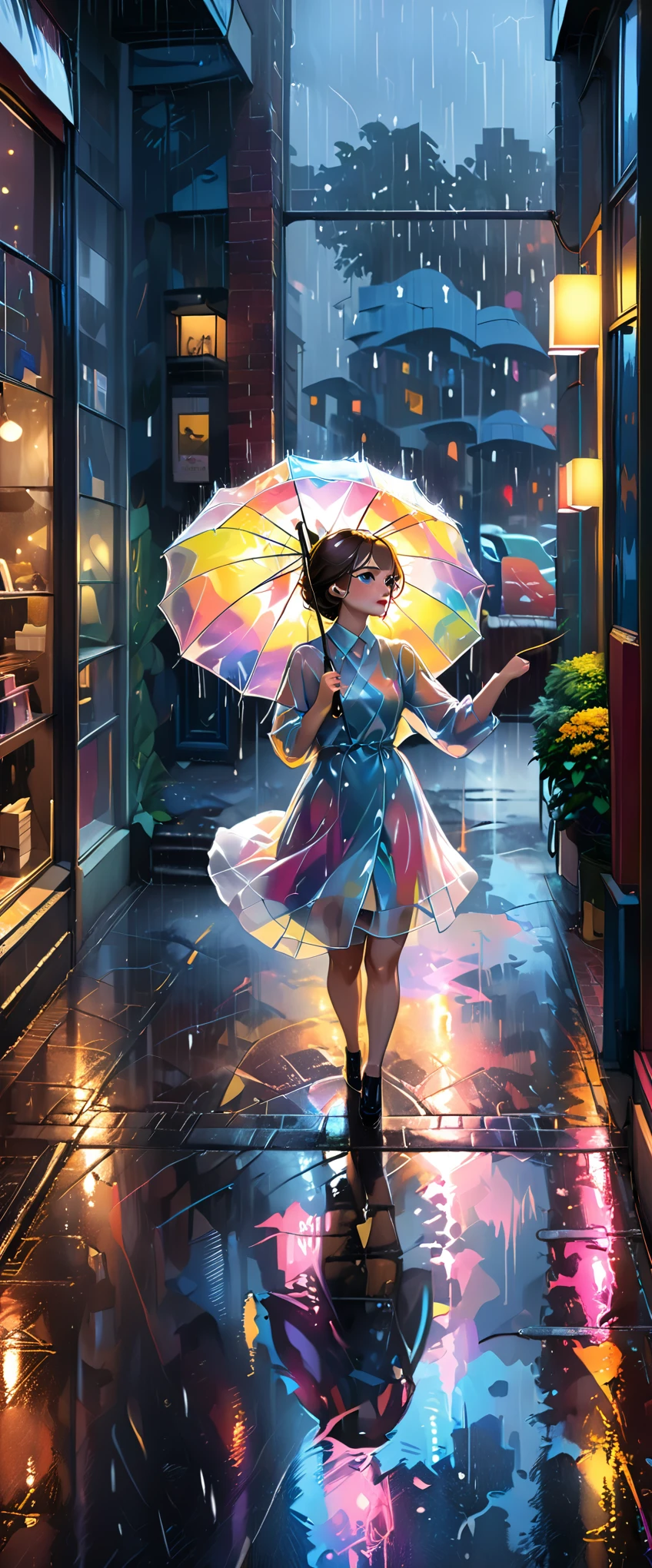 (beste Qualität,ultra-detailliert,Realistisch:1.37), Humor,Comic-Stil,fettgedruckte Linien, ein Mädchen in einer Stadt bei Nacht,trägt einen aus transparentem Vinyl gefertigten regenbogenfarbenen Regenmantel,einen Regenschirm halten,((Tanzen im Regen wie Singin&#39; in the Rain:1.8)),Nahe an kalten Farben,Sättigung reduzieren,((natürliche Farbe:2.8)) Ganzkörperbild,Mittel:Ölgemälde,detailliertes Gesicht,schöne Augen und Lippen,dunkle und stimmungsvolle Atmosphäre,leuchtende Farben,Streifen von Regentropfen,Die Lichter der Stadt spiegeln sich in den nassen Straßen,leuchtende Regenschirme im Hintergrund,schimmernder, regennasser Bürgersteig,ätherisches und verträumtes Licht,((aufgereihte Schaufenster und schmaler Bürgersteig im Hintergrund:2.0))