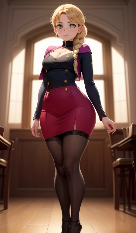 shermie, ((Masterpiece, Best Quality)), full body view, bursting huge breasts, detailed skin, Anna from Frozen as a teacher, in the classroom, high heels, socks, elegant teacher suit, above knee skirt, Very detailed, cinematic lighting, ultra realistic, blush, looking at the viewer, anna, anna from the movie
