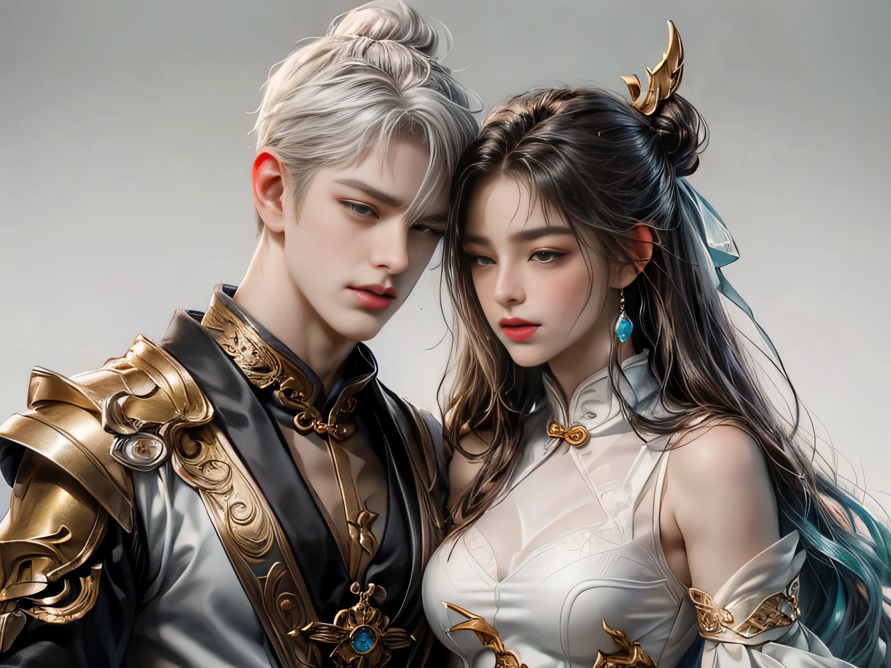 image of a man and woman kissing couple, digital painting by Ren Renf, Tumblr, fantasy art, xianxia fantasy, fox fantasy love, gorgeous art, love concept art, sha xi, 8k)), high quality fanart, chinese fantasy, beautiful art, lung, fan art, beautiful avatar pictures, Cai Xukun, 8k character details, high quality anime art, high quality illustration, detailed anime wallpapers, detailed anime art, hyper realistic, elegant, high quality realistic anime art, ((Finely drawn eyes)) [Perfectly detailed eyes((Beautiful eyes like jewels) drawn in great detail)[clearly drawn pupils]],[eye light[Precise eye lighting]],[long and beautiful eyelashes],[precisely drawn hair [Beautiful and shiny hair, detailed]], (Perfect hand-detailed [Beautiful fingers without damage [beautiful nails]]), (perfect anatomy (perfectly balanced proportions)) [[Full-length portrait]], [perfect color coordination (Accurate simulation of the interaction of light and materials)],([Precise detail](detailed, high)),[Visual art that tells a story],((highest quality)high [[High density drawing]])(4K quality)