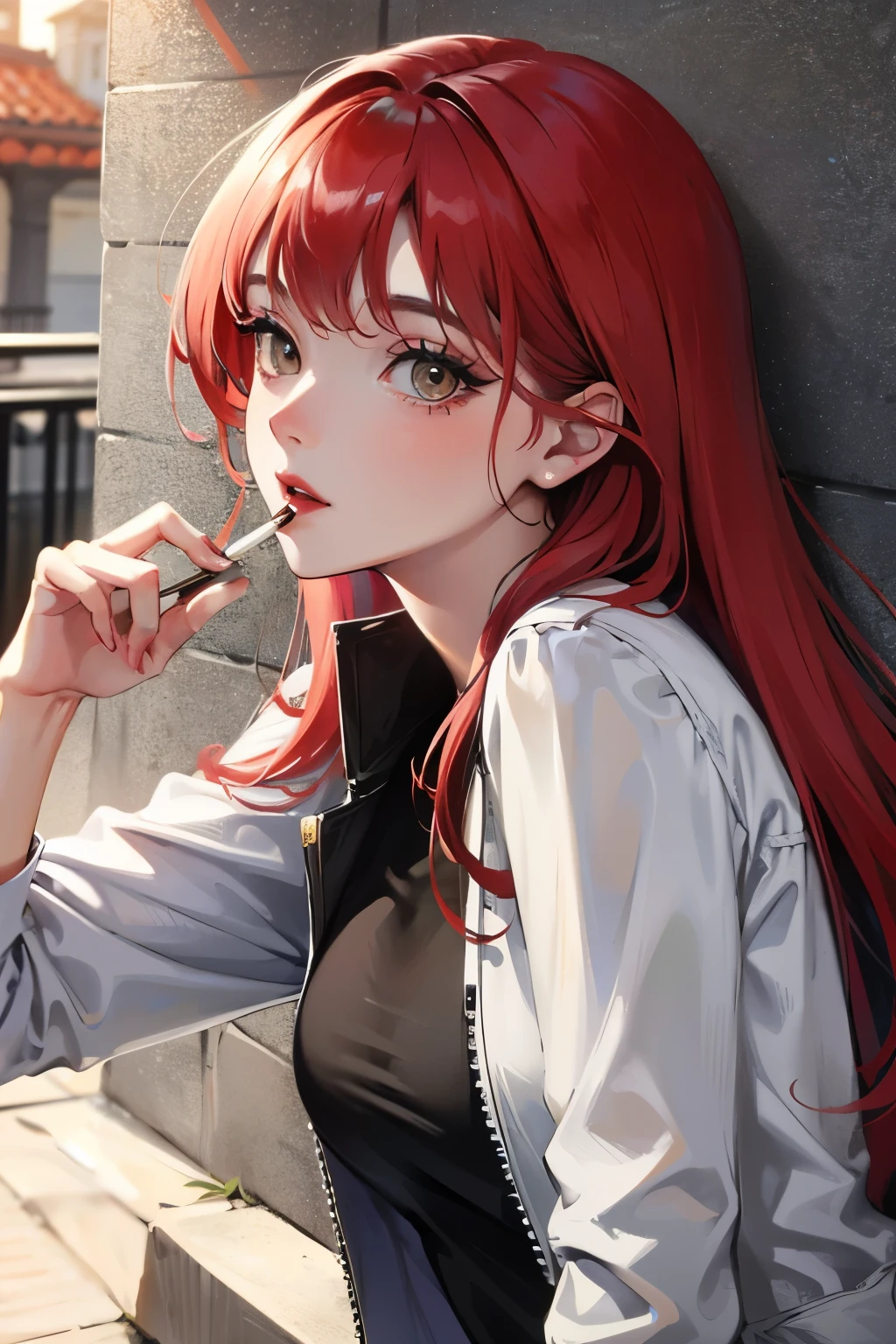 Anime girl with red hair smoking a cigarette in front of a building -  SeaArt AI