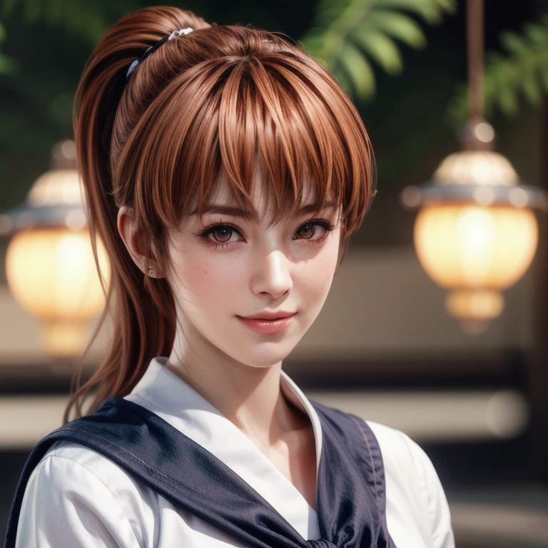 Full body shot of Kasumi, Young face, Brown Hair, ponytail, Sailor suit, With decorative ornament, alone, Shyly lowered face, Red cheeks, Shy laugh, A pose with a slight twist of the upper body, Side lighting, Shallow and sharp depth of field,(Very detailed),Realistic, (masterpiece), (High resolution), (8k wallpaper)