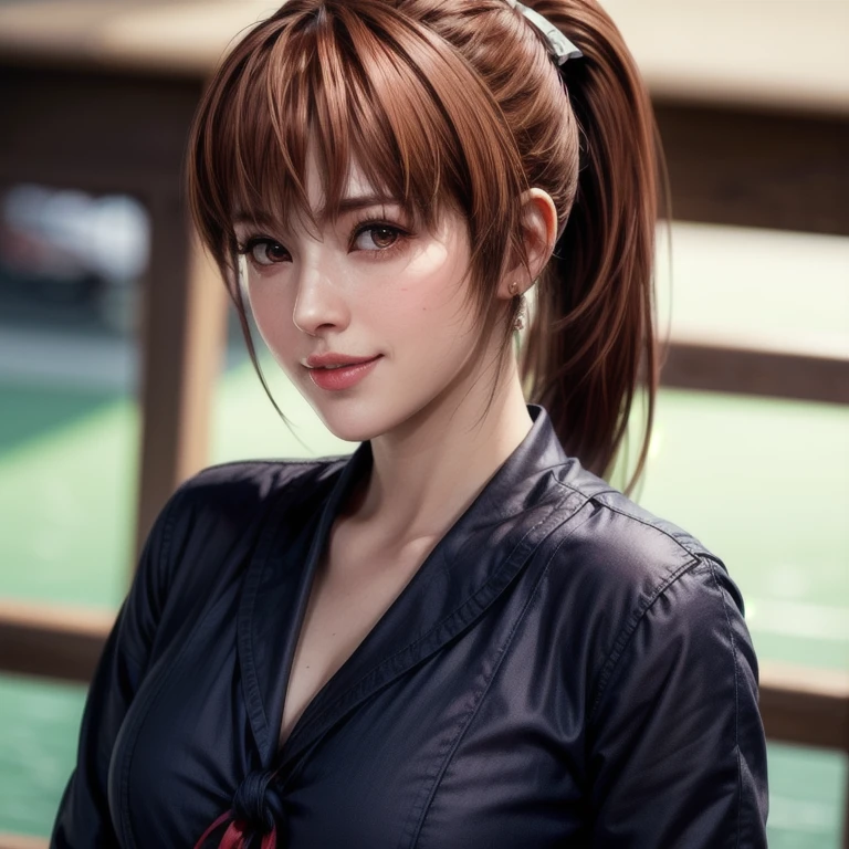 Full body shot of Kasumi, Young face, Brown Hair, ponytail, Sailor suit, With decorative ornament, alone, Shyly lowered face, Red cheeks, Shy laugh, A pose with a slight twist of the upper body, Side lighting, Shallow and sharp depth of field,(Very detailed),Realistic, (masterpiece), (High resolution), (8k wallpaper)