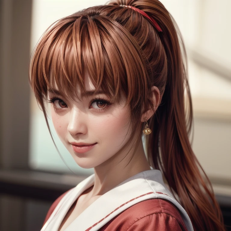 Full body shot of Kasumi, Young face, Brown Hair, ponytail, Sailor suit, With decorative ornament, alone, Shyly lowered face, Red cheeks, Shy laugh, A pose with a slight twist of the upper body, Side lighting, Shallow and sharp depth of field,(Very detailed),Realistic, (masterpiece), (High resolution), (8k wallpaper)