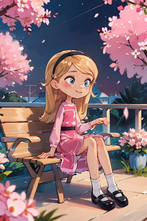 The beautiful girl wearing a , nine years old, has long blonde hair, hairband, blue eyes, ((pink dress)), puffy sleeves, white t...