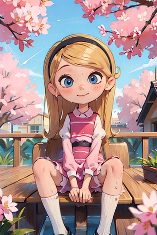 The beautiful girl wearing a , nine years old, has long blonde hair, hairband, blue eyes, ((pink dress)), puffy sleeves, white tube socks, black mary janes, her body parts are very ideal, her thighs are also chubby, her face has a sweet smile, her position is sitting on the terrace of the house overlooking the cherry blossoms on the terrace, and with polite sitting posture, closed mouth, wet legs , spread legs, panties 