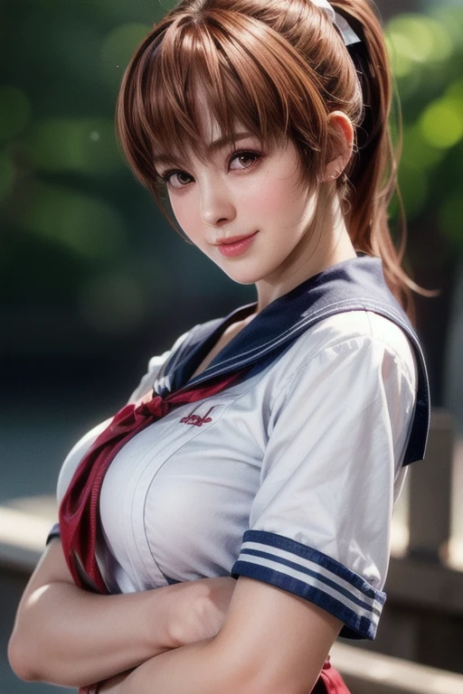 Full body shot of Kasumi, Young face, Brown Hair, ponytail, Sailor suit, With decorative ornament, alone, Shyly lowered face, Red cheeks, Shy laugh, A pose with a slight twist of the upper body, Side lighting, Shallow and sharp depth of field,(Very detailed),Realistic, (masterpiece), (High resolution), (8k wallpaper)