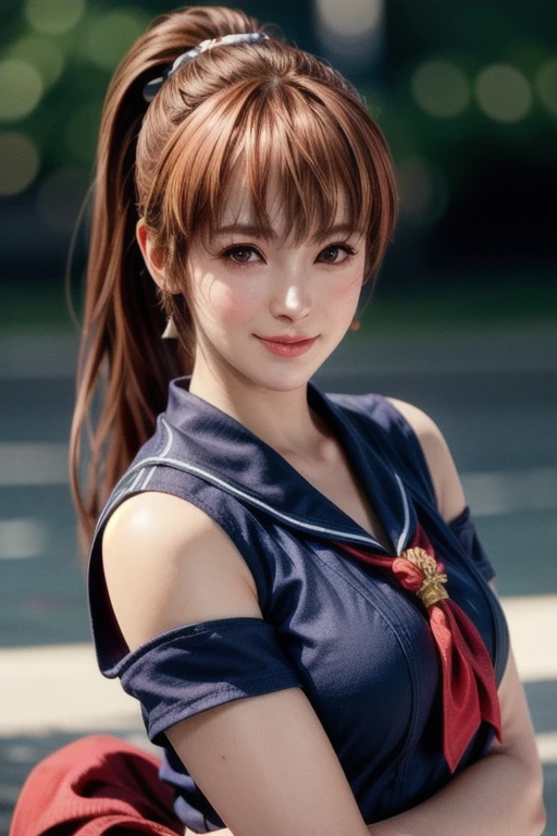 Full body shot of Kasumi, Young face, Brown Hair, ponytail, Sailor suit, With decorative ornament, alone, Shyly lowered face, Red cheeks, Shy laugh, A pose with a slight twist of the upper body, Side lighting, Shallow and sharp depth of field,(Very detailed),Realistic, (masterpiece), (High resolution), (8k wallpaper)