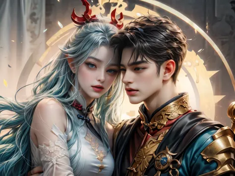 image of a man and woman kissing couple, digital painting by Ren Renf, Tumblr, fantasy art, xianxia fantasy, fox fantasy love, g...