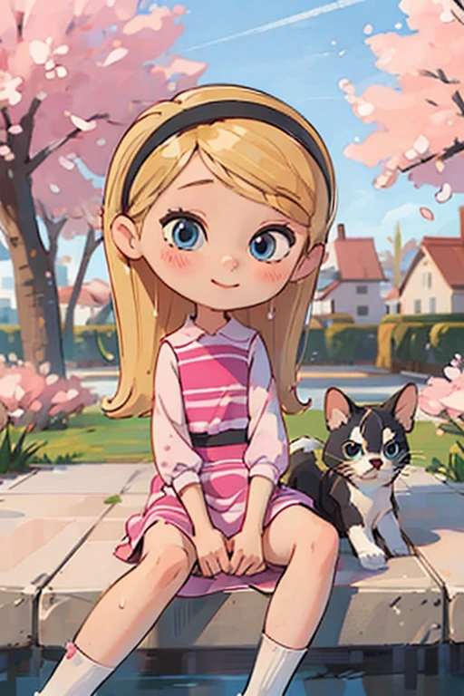 The beautiful girl wearing a , nine years old, has long blonde hair, hairband, blue eyes, ((pink dress)), puffy sleeves, white tube socks, black mary janes, her body parts are very ideal, her thighs are also chubby, her face has a sweet smile, her position is sitting on the terrace of the house overlooking the cherry blossoms on the terrace, and with polite sitting posture, closed mouth, wet legs , spread legs, panties view, pink ribbon panties, pussy 