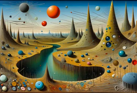 Detailed sureallistic landscape painting by Max Ernst, surrealist art, abstract, DonMN33dl3P1ll0wXL