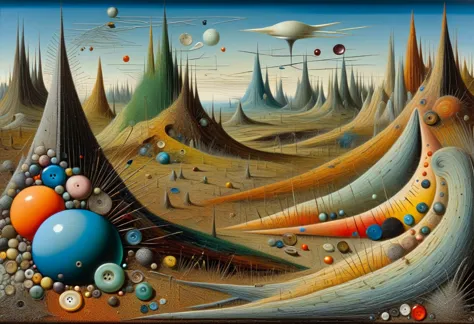 Detailed sureallistic landscape painting by Max Ernst, surrealist art, abstract, DonMN33dl3P1ll0wXL