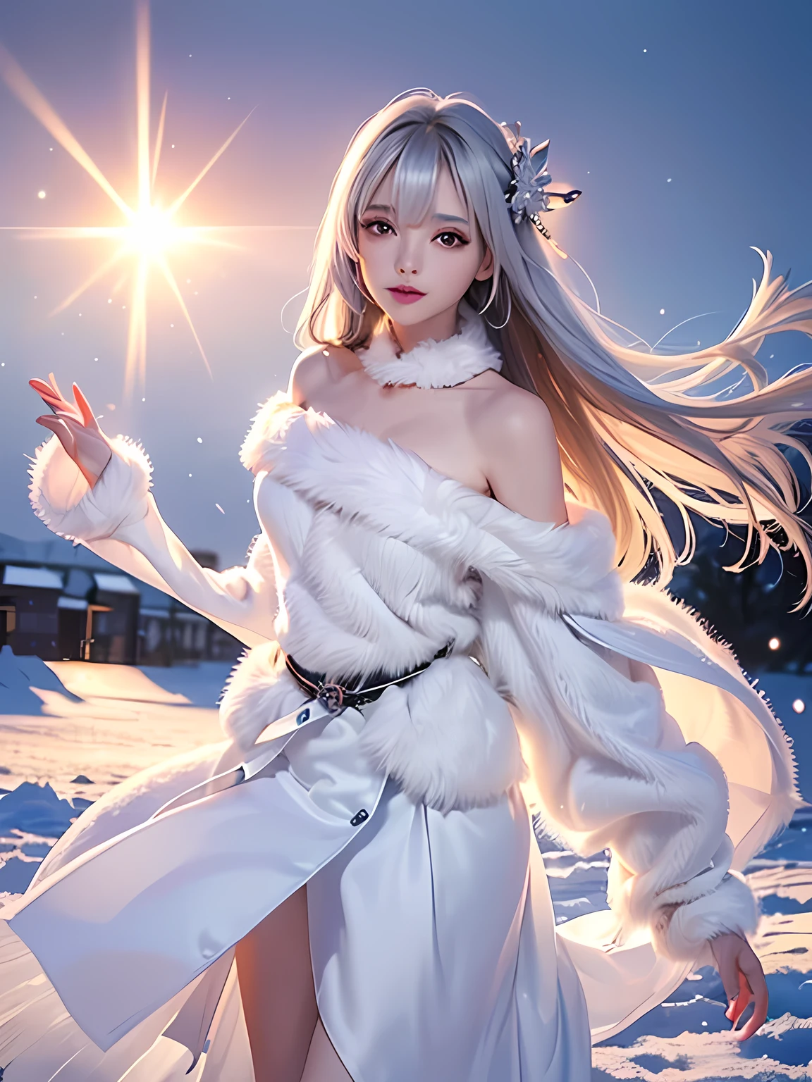 ((masterpiece:1.5、8k、Tabletop、Photorealistic and very detailed CG、Very detailed、Particle Effects、Dynamic Effects、Written boundary depth、Cinematic Light、Lens flare、Ray Tracing、Tabletop、Realistic:1.4、超A high resolution:1.2、Realistic、Realistic))((alone、,A woman wearing a white fur coat over an off-the-shoulder sweater:1.4、Wearing a long scarf、Elegant woman posing:、Detailed face、Bright expression、young, Brighter, Whiter skin、Ample breasts、Best Looks、Ultimate beauty、Silver hair with shiny highlights、Bright shiny hair,、Super long, Silky straight hair、Hair dancing in the wind))(morning、The setting is outdoors in the snow、Surrounded by illuminations)
