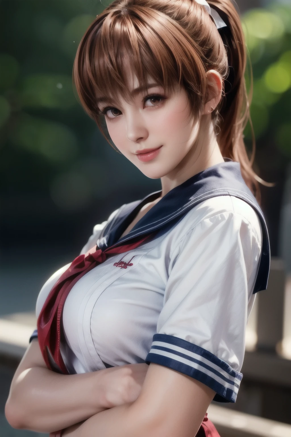 Full body shot of Kasumi, Young face, Brown Hair, ponytail, Sailor suit, With decorative ornament, alone, Shyly lowered face, Red cheeks, Shy laugh, A pose with a slight twist of the upper body, Side lighting, Shallow and sharp depth of field,(Very detailed),Realistic, (masterpiece), (High resolution), (8k wallpaper)