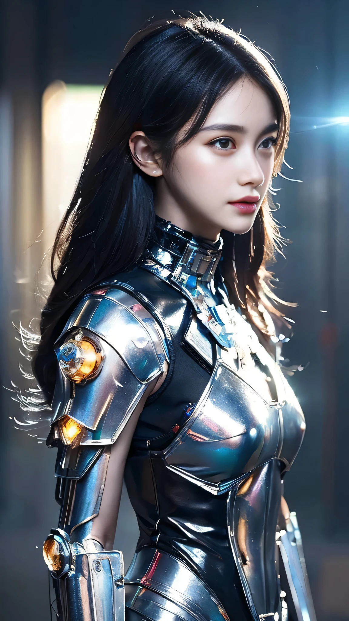 highest quality ,masterpiece, figure, very delicate and beautiful, very detailed ,cg ,unity ,8k wallpaper, wonderful, finely, masterpiece,highest quality,official art,very detailed cg unity 8k wallpaper,disorganized, incredibly disorganized, Super detailed, High resolution, very detailed,beautiful detailed girl,light shines on your face, 1 girl, Mecha, armor, Mechanical_body, black hair, spaceship, city, cyber punk, star_null,