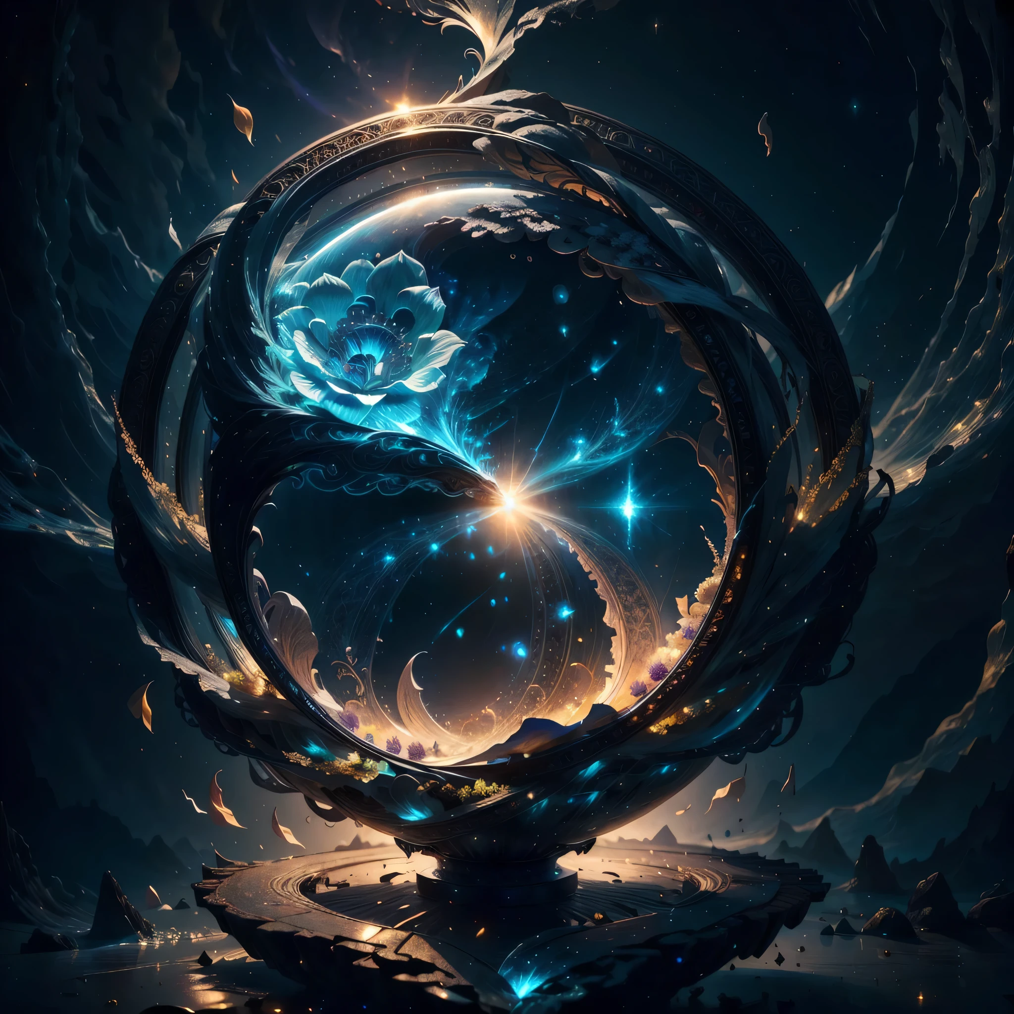 Highest image quality, ultra high definition, masterpiece, flower of life, Enlightenment,yingyang, light and shadow, particle light, particle special effects, Bioluminescence, beautiful romance, beautiful, dream highest quality, ultra high definition, masterpiece, exquisite CG, exquisite details, rich picture layers, beautiful, perfect details, best quality, highest image quality, high resolution, high definition, 16k, 8k, UHD, HDR, HD,--v5,--ar
