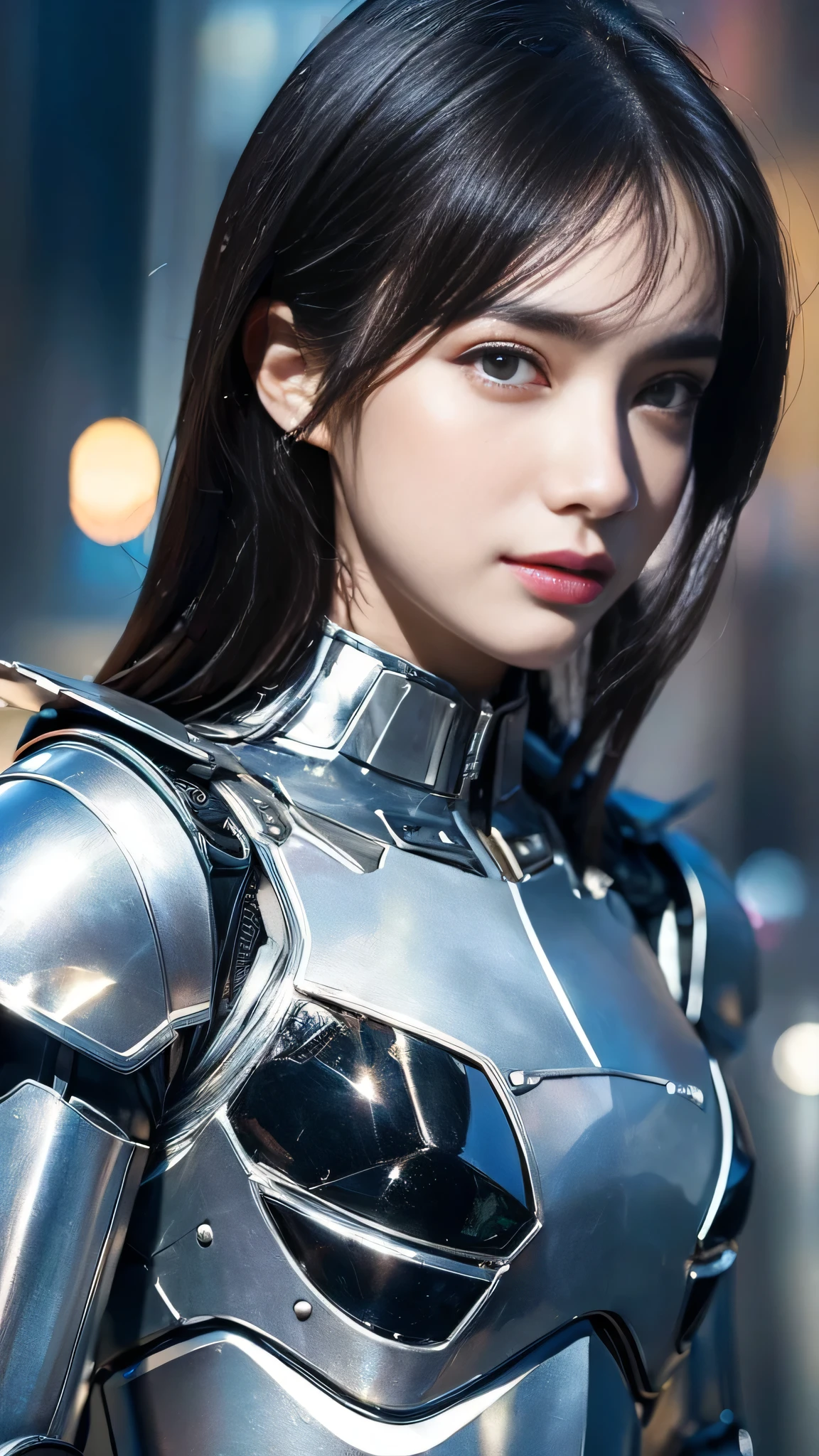 highest quality ,masterpiece, figure, very delicate and beautiful, very detailed ,cg ,unity ,8k wallpaper, wonderful, finely, masterpiece,highest quality,official art,very detailed cg unity 8k wallpaper,disorganized, incredibly disorganized, Super detailed, High resolution, very detailed,beautiful detailed girl,light shines on your face, 1 girl, Mecha, armor, Mechanical_body, black hair, spaceship, city, cyber punk, star_null,