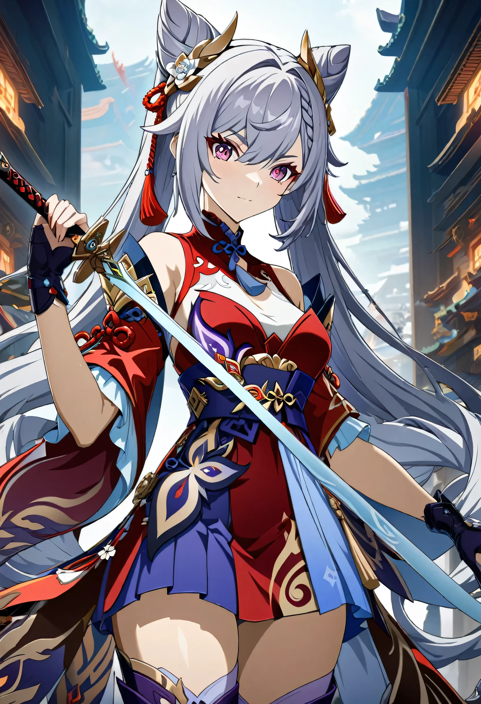 uma mulher com uma roupa branca e vermelha segurando uma espada, detailed arte de personagem de anime, personagem feminina de anime, divindade de cabelos brancos, arte de personagem de anime, Onmyoji, Impacto de Ayaka Genshin, segurando uma espada no ombro, Onmyoji detailed art, keqing do impacto genshin, Onmyoji portrait, dos arknights, arte digital detalhada de anime