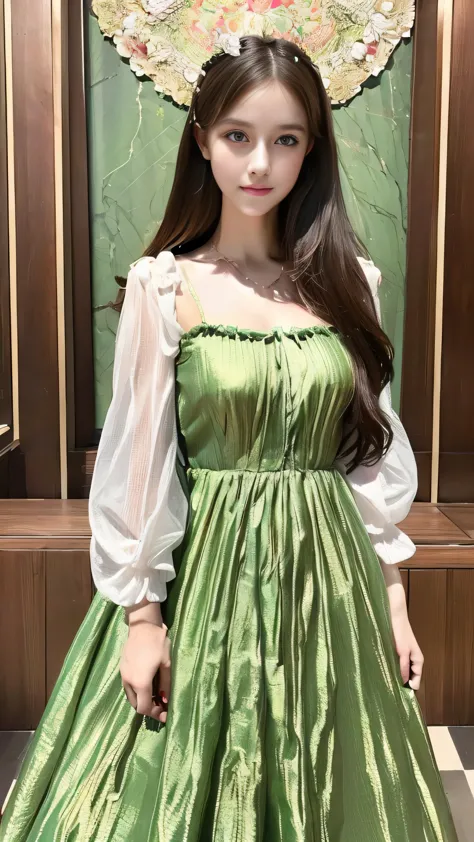 (8k, RAW Photos, highest quality, masterpiece:1.2), (Realistic, photo-Realistic:1.37),One girl, dress, Green Eyes, Long Hair, super detailed cloth, beautiful decoration on dress,