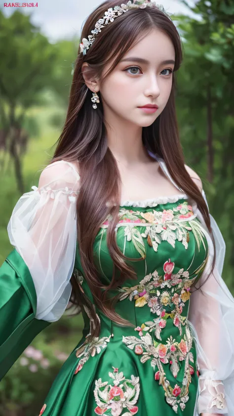 (8k, RAW Photos, highest quality, masterpiece:1.2), (Realistic, photo-Realistic:1.37),One girl, dress, Green Eyes, Long Hair, super detailed cloth, beautiful decoration on dress,