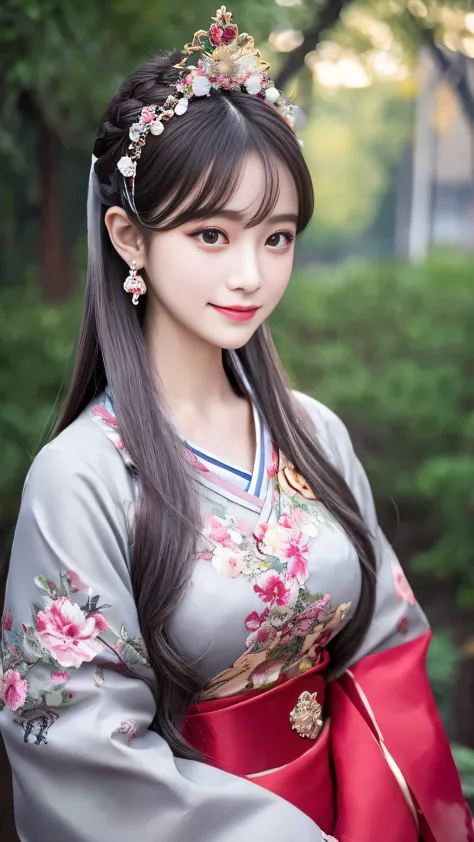 masterpiece, highest quality, One girl, alone, Long Hair, View your viewers, smile, bangs, hair ornaments, Red eyes, Long sleeve, dress, Are standing, clavicle, Gray Hair, Grey Hair, Alternative costume, Wide sleeves, wood, Chinese clothing, hairpin, Hanfu...