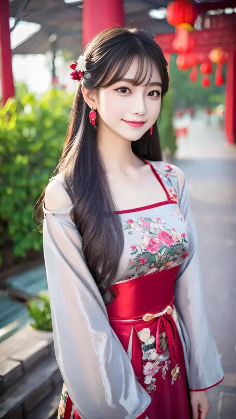 masterpiece, highest quality, One girl, alone, Long Hair, View your viewers, smile, bangs, hair ornaments, Red eyes, Long sleeve, dress, Are standing, clavicle, Gray Hair, Grey Hair, Alternative costume, Wide sleeves, wood, Chinese clothing, hairpin, Hanfu...