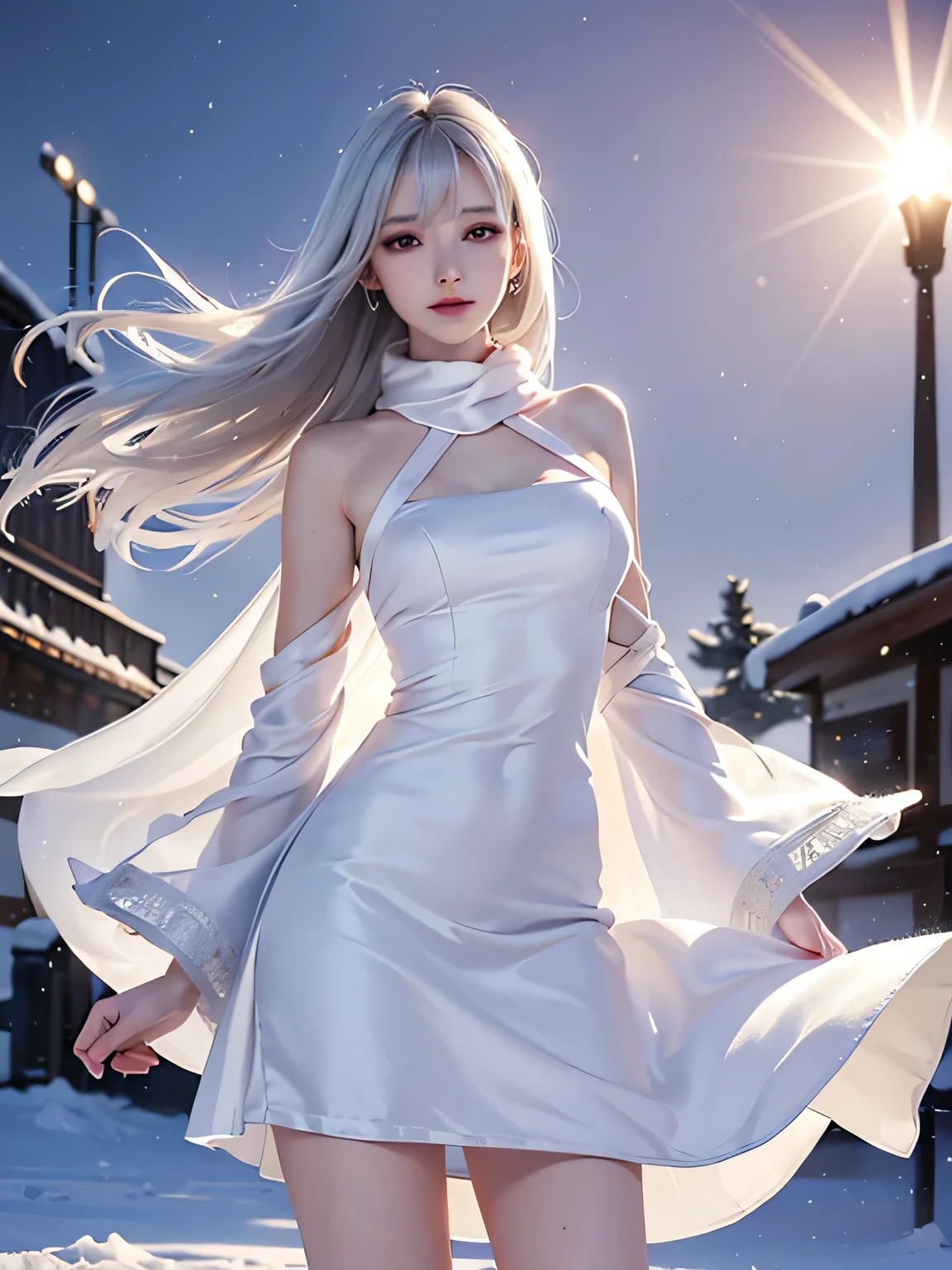 ((masterpiece:1.5、8k、Tabletop、Photorealistic and very detailed CG、Very detailed、Particle Effects、Dynamic Effects、Written boundary depth、Cinematic Light、Lens flare、Ray Tracing、Tabletop、Realistic:1.4、超A high resolution:1.2、Realistic、Realistic))((alone、,A woman wearing a white fur coat over a halter neck dress:1.4、Wearing a long scarf、Elegant woman posing:、Detailed face、Bright expression、young, Brighter, Whiter skin、Ample breasts、Best Looks、Ultimate beauty、Silver hair with shiny highlights、Bright shiny hair,、Super long, Silky straight hair、Hair dancing in the wind))(morning、The setting is outdoors in the snow、Surrounded by illuminations)
