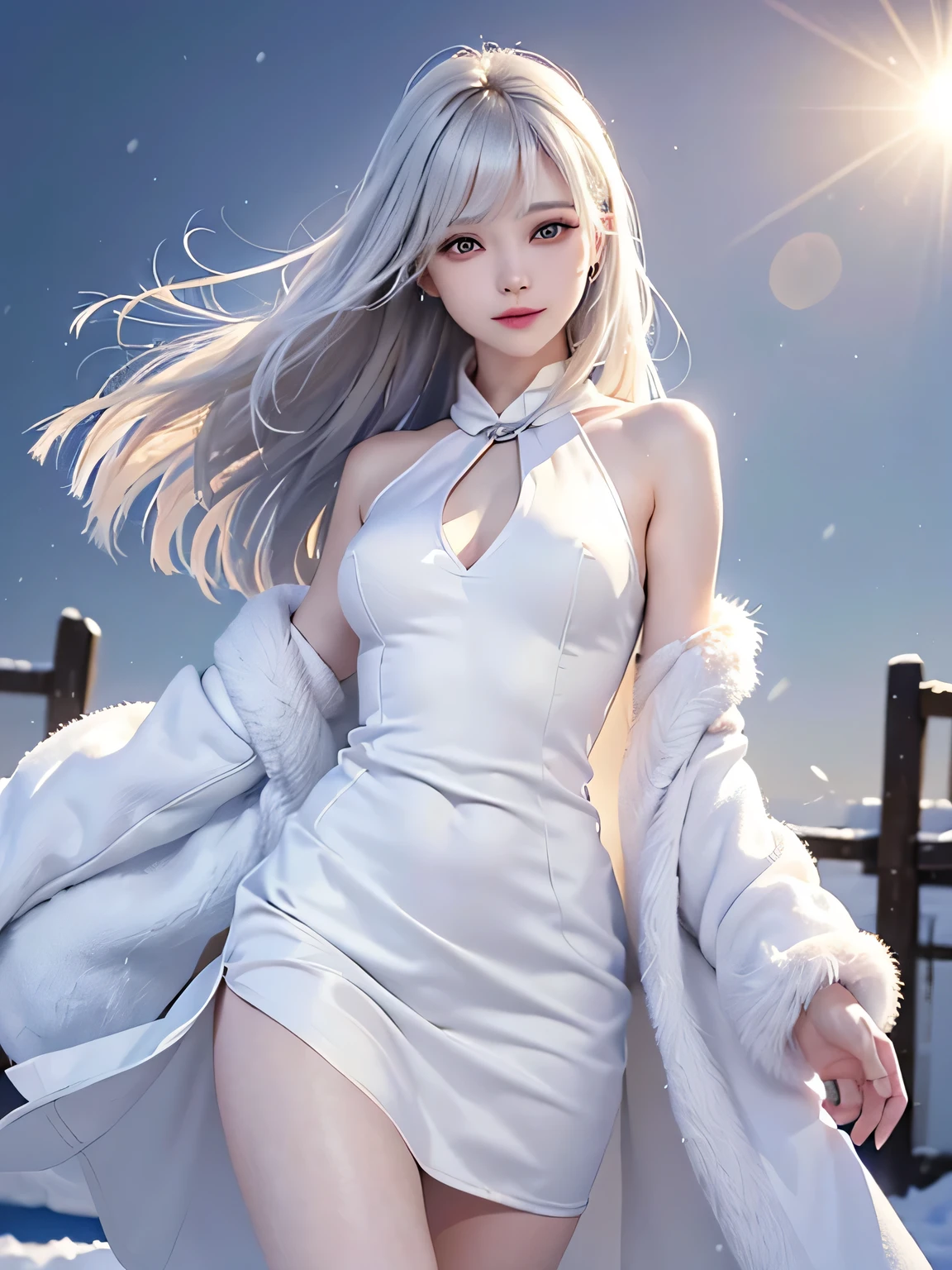 ((masterpiece:1.5、8k、Tabletop、Photorealistic and very detailed CG、Very detailed、Particle Effects、Dynamic Effects、Written boundary depth、Cinematic Light、Lens flare、Ray Tracing、Tabletop、Realistic:1.4、超A high resolution:1.2、Realistic、Realistic))((alone、,A woman wearing a white fur coat over a halter neck dress:1.4、Wearing a long scarf、Elegant woman posing:、Detailed face、Bright expression、young, Brighter, Whiter skin、Ample breasts、Best Looks、Ultimate beauty、Silver hair with shiny highlights、Bright shiny hair,、Super long, Silky straight hair、Hair dancing in the wind))(morning、The setting is outdoors in the snow、Surrounded by illuminations)
