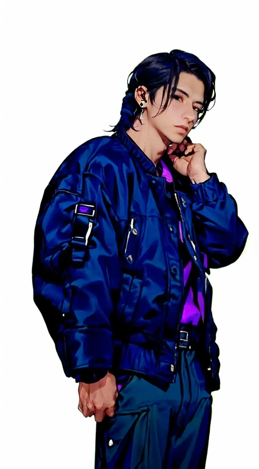 qaiwachgan face, beautiful final fantasy male, man in a purple black jacket, wearing a bomber jacket, wearing an aviator jacket, Brown pants, full body close-up shot, wearing ripped flight suit, close up half body shot, egocentric boy pose, main character, handsome, black hair, brown eyes, western, VERY HANDSOME, age 25, perfect lips, perfect hands, ear dangle earring, alpha male type, short black hair, standing against a plain white wall, purple final fantasy cinematic lightning, professional lighting, sunbeam, bokeh, dramatic lighting, 
