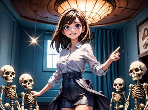 A girl dancing with skeletons,3D rendering, vibrant colors, dynamic action, detailed faces, spooky atmosphere, high-res, detaile...