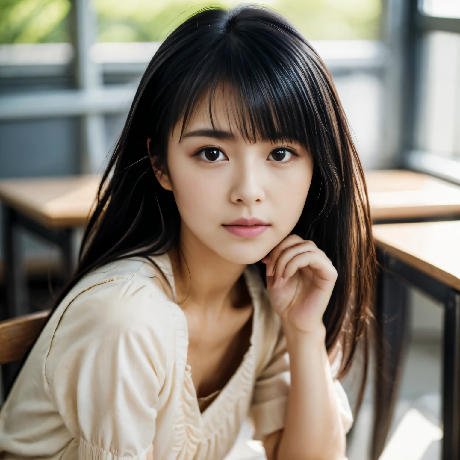 (highest quality,8K quality,masterpiece:1.3),(超A high resolution,Photorealistic:1.4,RAW Photos),(Very detailed,Caustics,Detailed Background),(Ultra-Realistic Capture,Fine and beautiful skin,Perfect Anatomy),Japanese Girl, School classroom,18-year-old,(cute),　Idol Style, Black Hair, Mid-length straight tote hair, Female student, 　 ,looking at the camera,　Bust up shot,Natural soft light, portrait