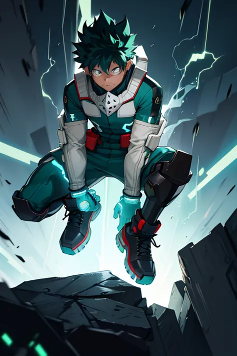 The hero suit for Izuku Midoriya, con poder de electricidad, would be a modern and futuristic design that would capture his abil...
