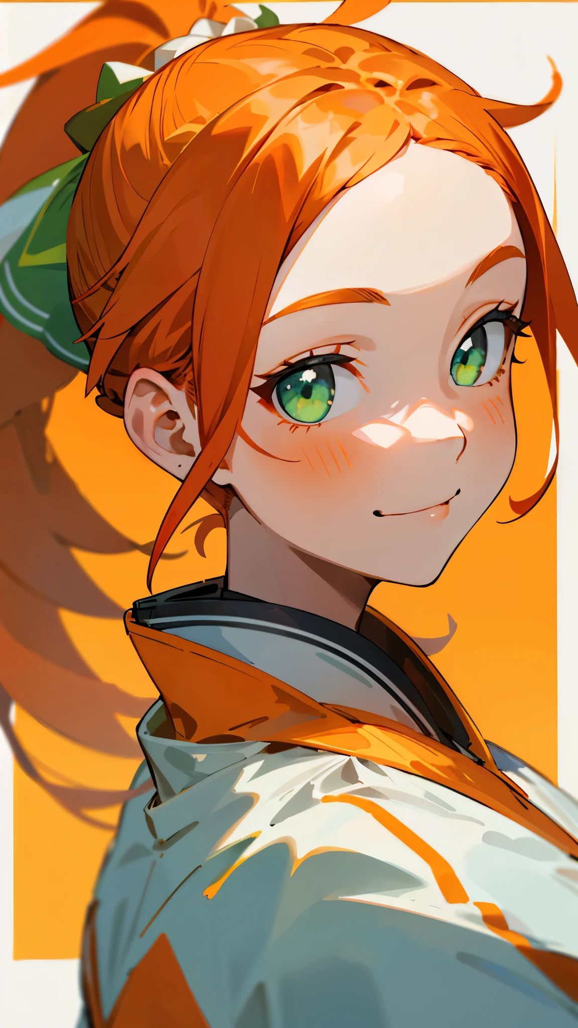1 garota、Roupas com tema laranja、cabelo laranja、rabo de cavalo、lindos olhos verdes、sorriso、Pelo lado、Uniforme branco com detalhes dourados、Close do rosto
