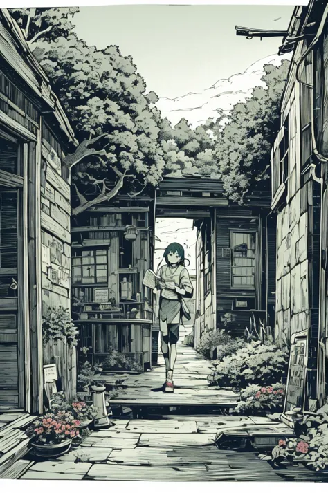chica de anime、Disfraz pasajista color verde、closed garden、flores rojas、an astronomical sky、un chico mirando por una ventana 、co...
